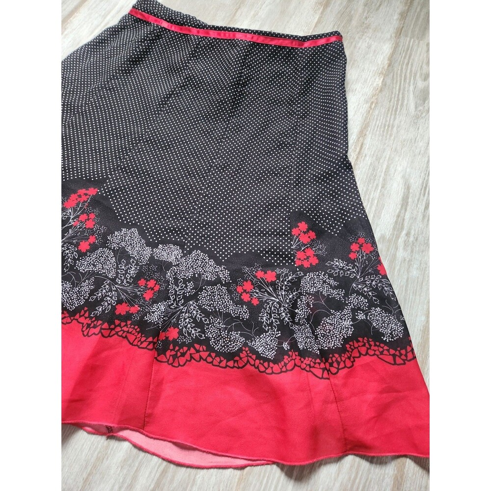 Cato Polka Dot A Line Skirt Black Red Floral Border Midi Womens Sz 12 EUC - Picture 2 of 10